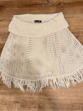 VINTAGE 525 America Crochet Knit Poncho Fringe Ivory Boho Cottagecore OS